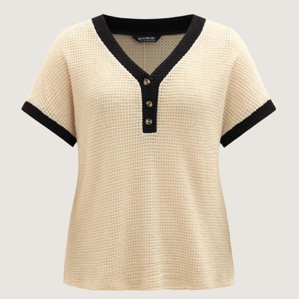 BloomChic Black and Cream Buttoned V-Neck Top